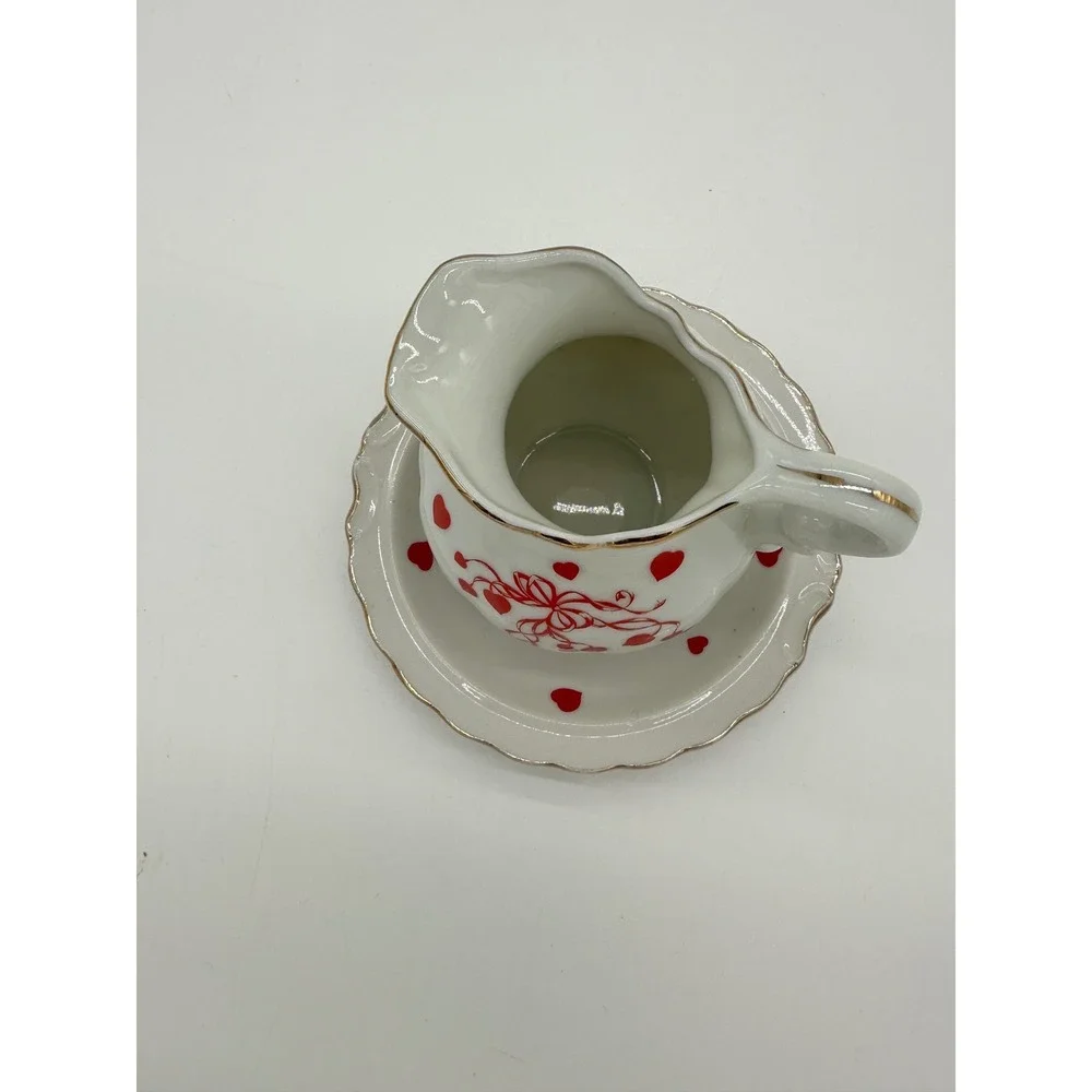 Lefton Pitcher‎ and Saucer Set Vintage Hearts Bow Hand Painted White Red Small